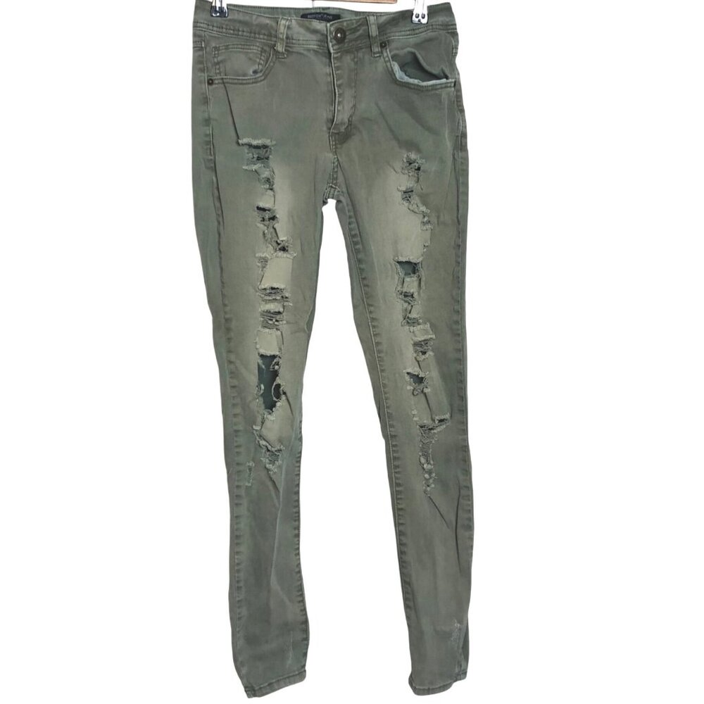 Redfox Womens Olive Green Distressed Skinny Jeans Size 7 Mid Rise Body Shaping